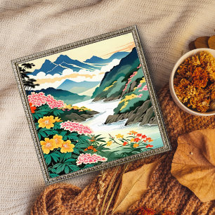 Vibrant Floral Mountain River Landscape Painting Photo Print