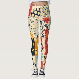 Vibrant Floral Patchwork Quilt in Warm Tones Leggings