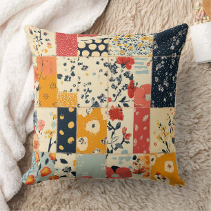 Vibrant Floral Patchwork Quilt in Warm Tones Throw Pillow