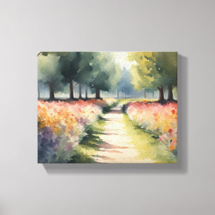 Vibrant Floral Path Watercolor Painting Canvas Print