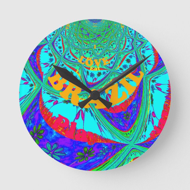 Vibrant Floral Pattern: Brazilian Tribute Eat Love Round Clock (Front)