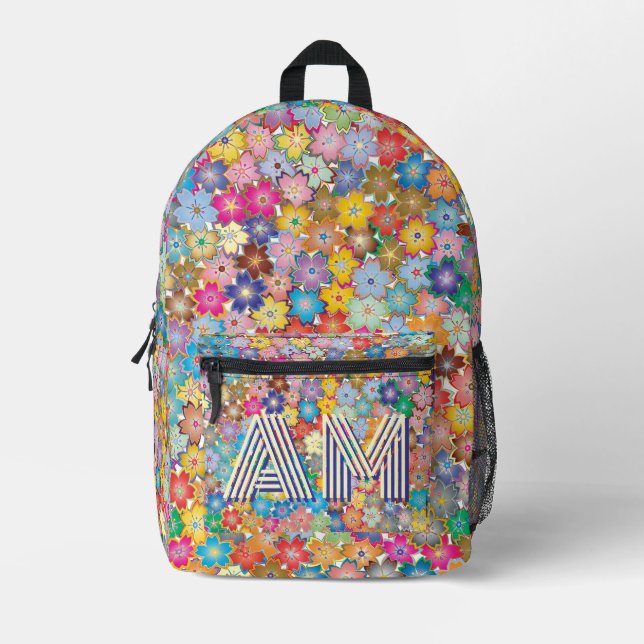 Vibrant Floral Pattern Custom Monogram Backpack  (Front)