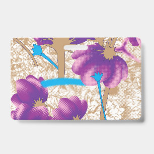 Vibrant floral pattern featuring purple and blue f badge