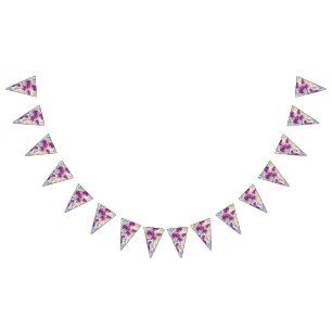 Vibrant floral pattern featuring purple and blue f bunting flags