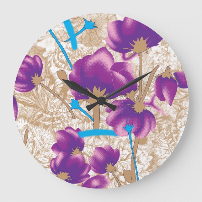 Vibrant floral pattern featuring purple and blue f large clock (Front)