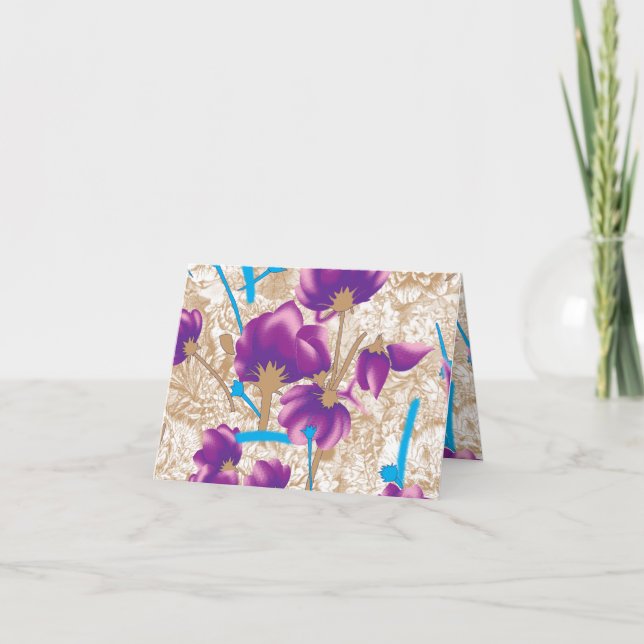 Vibrant floral pattern featuring purple and blue f note card (Front)