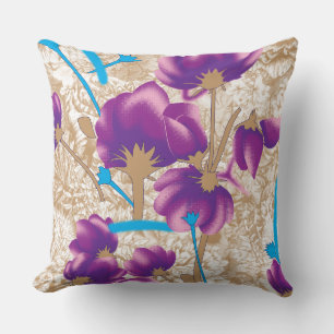 Vibrant floral pattern featuring purple and blue f throw pillow