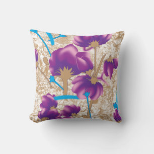 Vibrant floral pattern featuring purple and blue f throw pillow