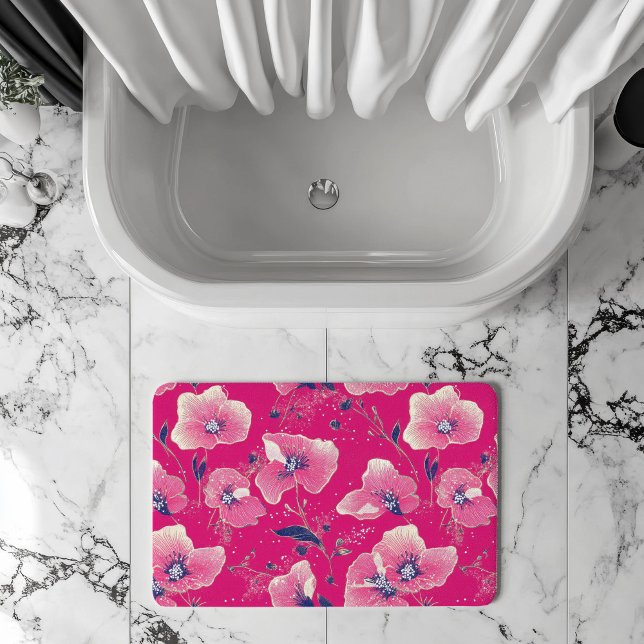 Vibrant Floral Pattern in Pink, White & Royal Blue Bath Mat (Creator Uploaded)