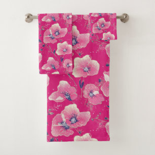 Vibrant Floral Pattern in Pink, White & Royal Blue Bath Towel Set
