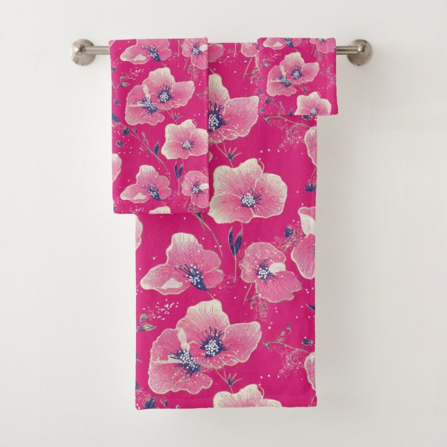 Vibrant Floral Pattern in Pink, White & Royal Blue Bath Towel Set (Insitu)