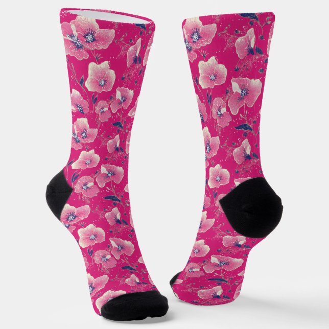 Vibrant Floral Pattern in Pink, White & Royal Blue Socks (Angled)