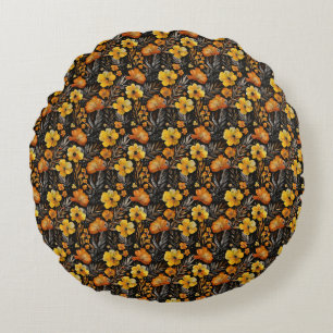 Vibrant Floral Pattern Orange and Yellow Flowers Round Pillow