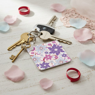 Vibrant Floral Pattern Purple Pink Blue Flowers Keychain