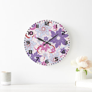 Vibrant Floral Pattern Purple Pink Blue Flowers Large Clock