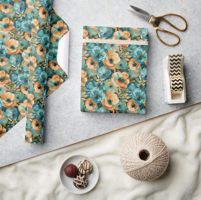 Vibrant Floral Pattern with Bold Teal, Turquoise Wrapping Paper (Crafts)