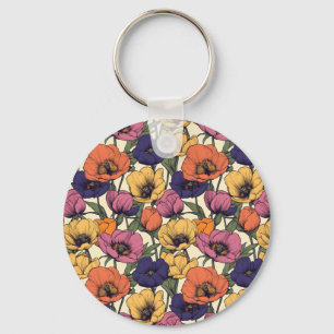 Vibrant Floral Pattern with Colorful Poppies Keychain