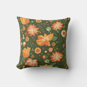 Vibrant Floral Pattern with Orange & Yellow Blooms Throw Pillow