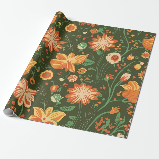 Vibrant Floral Pattern with Orange & Yellow Blooms Wrapping Paper (Unrolled)