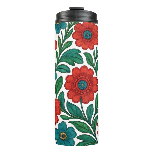 Vibrant Floral Pattern with Red and Teal Blooms Thermal Tumbler (Front)