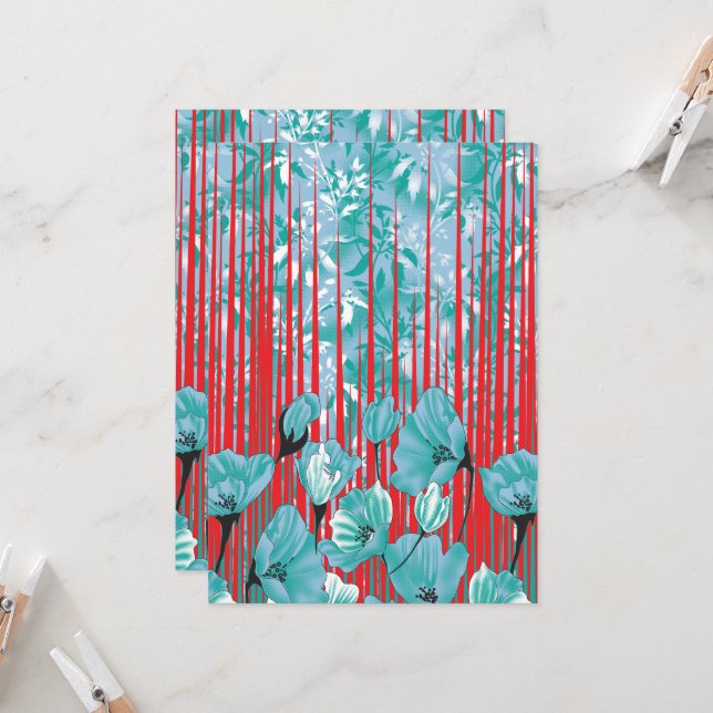 Vibrant floral pattern with turquoise flowers, red invitation (Front/Back In Situ)