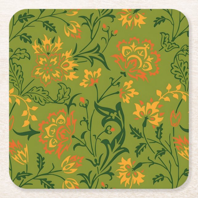  Vibrant Floral Pattern: Yellow and Orange Flowers Square Paper Coaster (Front)