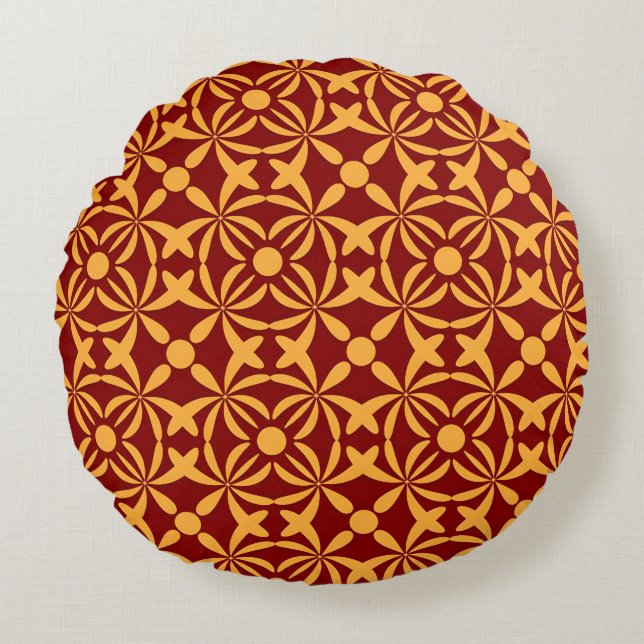 Vibrant Floral Pattern: Yellow Shapes on Red Back Round Pillow (Front)