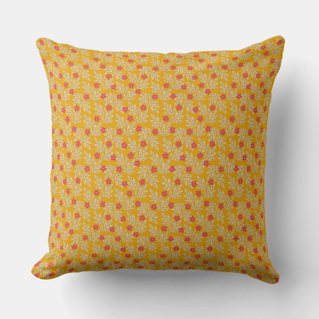 Vibrant Floral Patterns on Bright Orange Back Throw Pillow (Front)