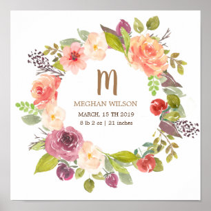 Vibrant  Floral   Personalized Baby Birth Poster
