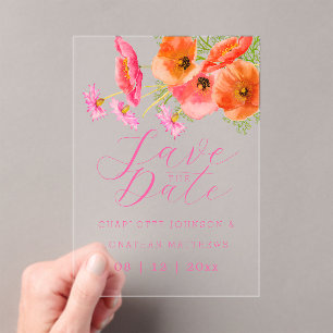 Vibrant Floral Pink Orange Wedding Save the Date Acrylic Invitations