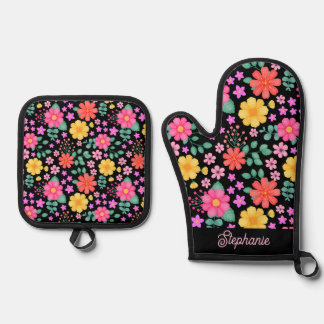 Vibrant Floral Pink Orange Yellow Personalized Oven Mitt & Pot Holder Set