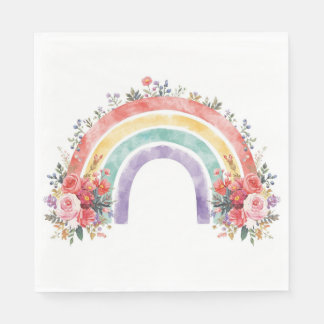 Vibrant Floral Rainbow Watercolor Birthday Party Napkin