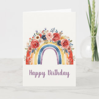 Vibrant Floral Rainbow Watercolor Happy Birthday Card