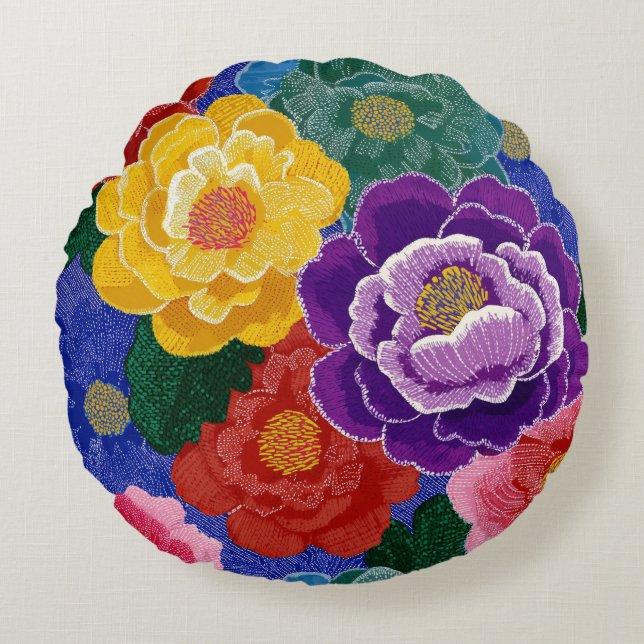 Vibrant Floral Round Pillow Decor (Front)