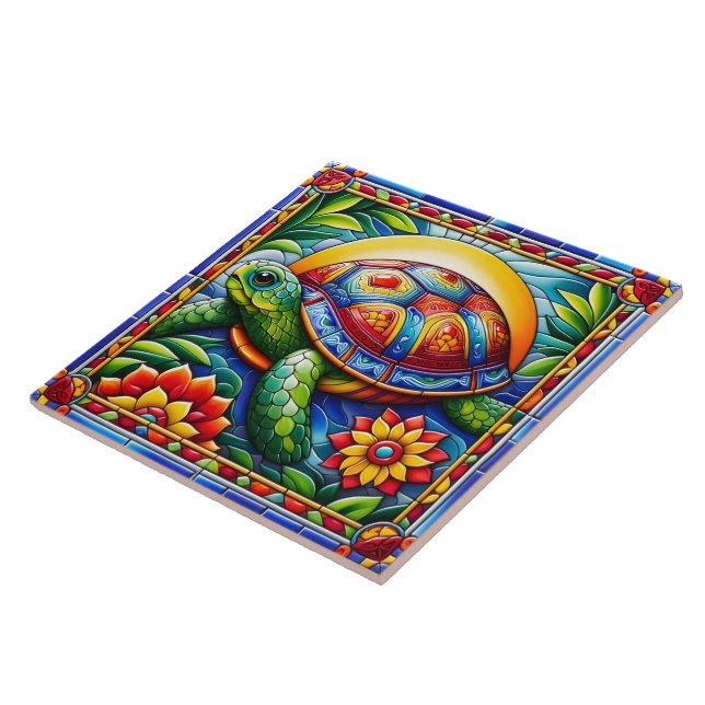Vibrant Floral Sea Turtle Mosaic Tile (Side)