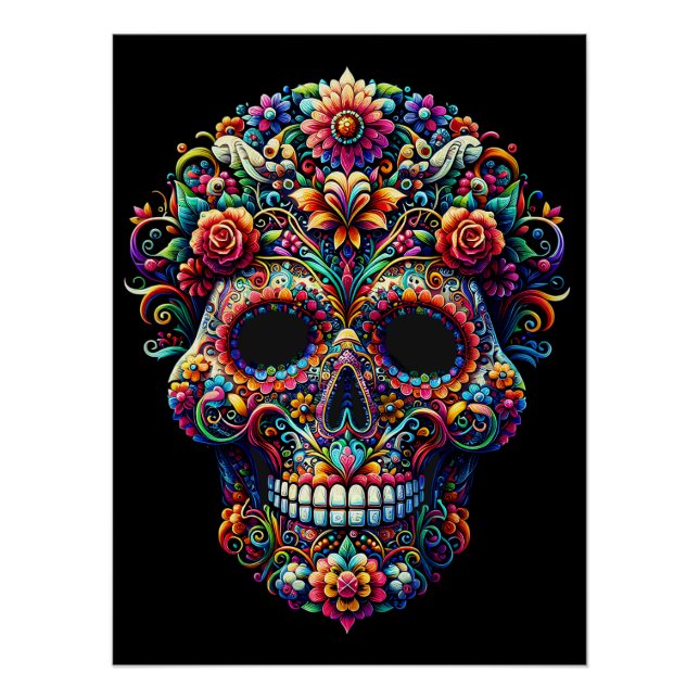 Vibrant Floral Sugar Skull Artwork Poster (Front)