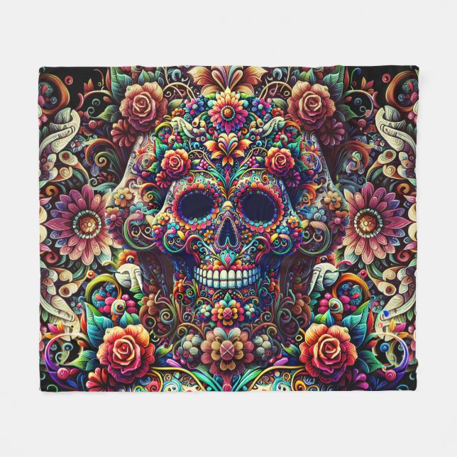 Vibrant Floral Super Sugar Skull Fleece Blanket (Front (Horizontal))