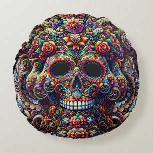 Vibrant Floral Super Sugar Skull Round Pillow