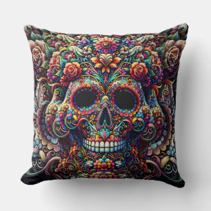 Vibrant Floral Super Sugar Skull Throw Pillow