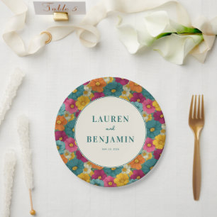 Vibrant Floral Wedding Announcement Paper Plate