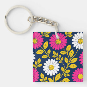 Vibrant Floral with Daisies and Golden Leaves Keychain
