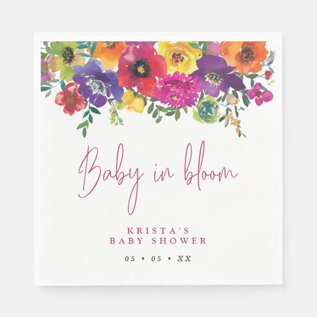 Vibrant Flowers Baby In Bloom Baby Shower Napkin (Front)