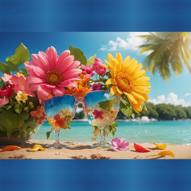 Vibrant Flowers Coaster (Flowers and drinks in the  front while revealing the serene ocean and palm trees in the background!)