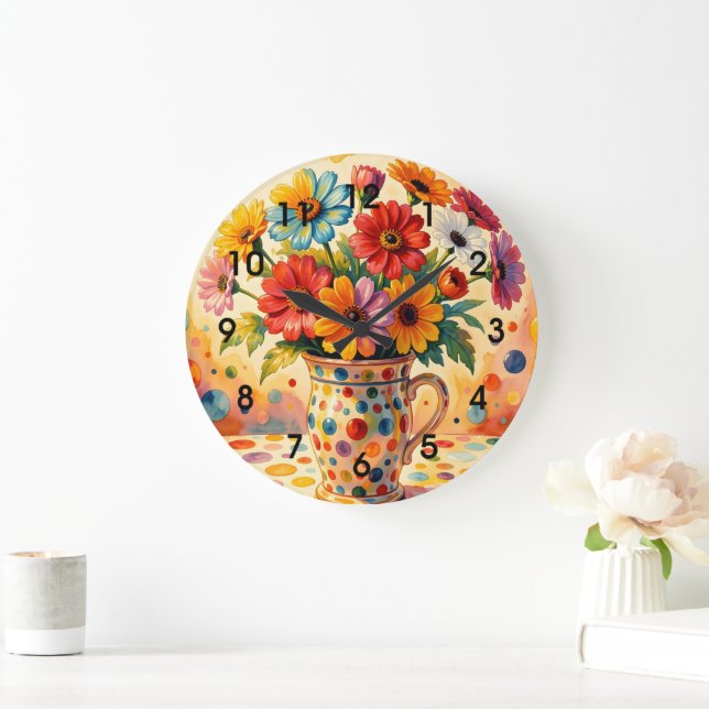 Vibrant Flowers, Colourful Polka Dots, Large Clock (Home)