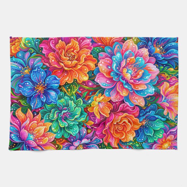 Vibrant Flowers Dreamscape – Psychedelic Boho Kitchen Towel (Horizontal)