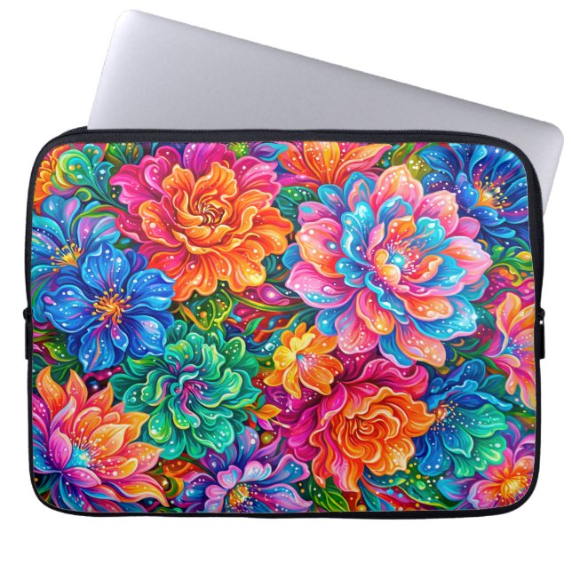 Vibrant Flowers Dreamscape – Psychedelic Boho Laptop Sleeve (Front)