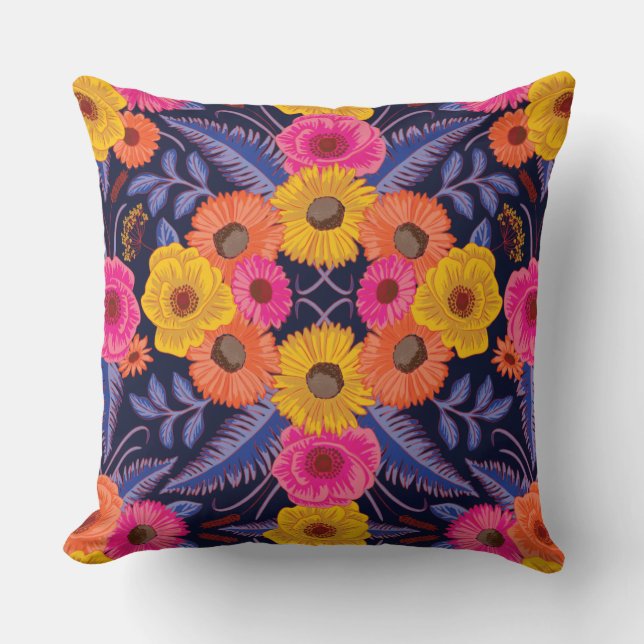 Vibrant Flowers & Ferns Throw Pillow (Front)