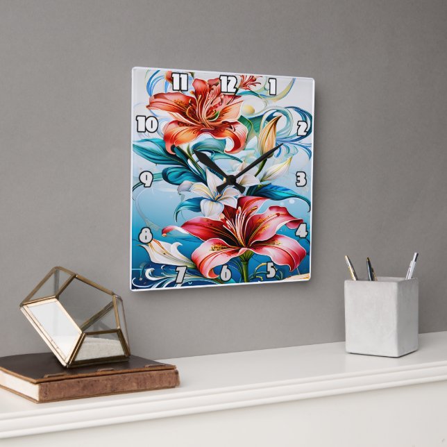 Vibrant Flowers in Bloom Surrounded by Swirls Square Wall Clock (Office)