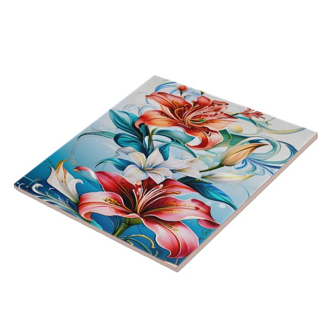 Vibrant Flowers in Bloom Surrounded by Swirls Tile (Side)