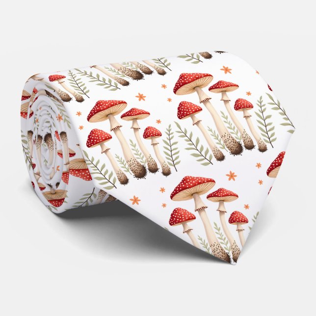 Vibrant Fly Agaric Mushrooms & Botanical Elements Tie (Rolled)